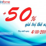 Mobifone khuyến mãi 50% giá trị thẻ nạp ngày 4/10/2016