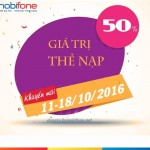 Mobifone khuyến mãi 50% thẻ nạp ngày 11-18/10/2016
