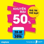 Vinaphone khuyến mãi tặng 50% thẻ nạp ngày vàng 28/10/2016